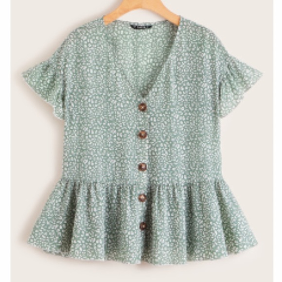 SHEIN Tops - Peplum cheetah print sage blouse